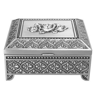 Imagem de Caixa de joias vintage com padrão rosa em relevo, camada única, flip top, liga de zinco, caixa de armazenamento de joias, caixa de presente para mulheres e meninas (Cor de estanho antigo)