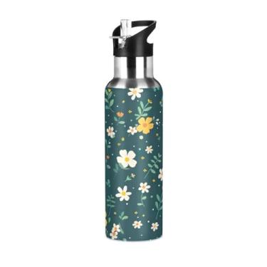 Imagem de Wassud Garrafa de água esportiva de aço inoxidável com canudo garrafas de água isoladas para viagem, copo de flores simples, portátil, 623 g