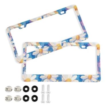 Imagem de Wassud Art Daisies Moldura de placa de carro decorativa de alumínio para carro, 2 unidades, suporte universal para placa de licença para carros padrão dos EUA