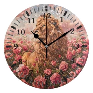 Imagem de CEBUGI Relógio de parede rosa leão operado por bateria, relógios de parede silenciosos sem tique-taque para cozinha, banheiro, quarto, escritório, decoração 25,4 cm