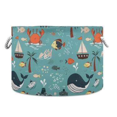 Imagem de Burbuja Cesto de armazenamento redondo de animais marinhos fofos com alças de corda de algodão, cesto de roupa suja para cobertores, brinquedos, berçário, decoração de sala de estar