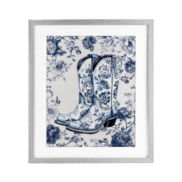 Imagem de Stupell Industries Blue Spring Florals & Boots Impressão emoldurada cinza sob vidro, design por Lettered and Lined, 16 x 13