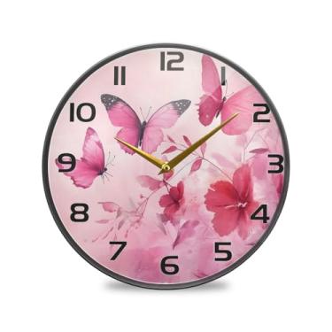 Imagem de YETTASBIN Relógio de parede acrílico com borboletas cor-de-rosa - Silencioso, sem tique-taque, operado por bateria, relógio redondo decorativo criativo para cozinha, sala de estar, banheiro, decoração