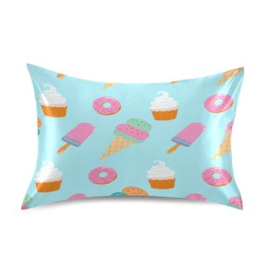 Imagem de xigua Fronha de cetim com cones de sorvete para cabelo e pele lavável na máquina almofada de cetim antiderrapante refrescante capa de travesseiro padrão com fecho de envelope, 51 cm x 66 cm