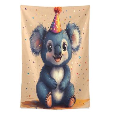 Imagem de STAYTOP Tapeçaria Happy Birthday Koala Wall Hnaging Tapeçarias para decoração de casa decoração de dormitório sala de estar quarto tapete de parede (80 × 60 pol)