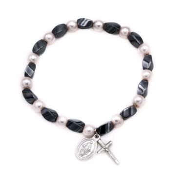 Imagem de Pulseira com contas de pérola rosa e hematita