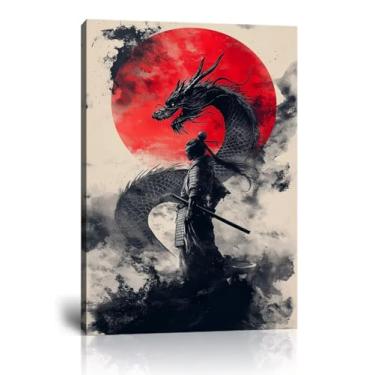 Imagem de chenchenArt Arte de parede de samurai japonês para sala de estar quarto decorações de casa dragão com imagem samurai impressões em tela arte moderna Asina emoldurada pronta para pendurar (61 cm L x 91
