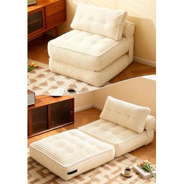 Imagem de KINGYES Sofá-cama dobrável, cadeira de dormir conversível de veludo cotelê com travesseiro, cadeira de futon individual dobrável para sala de estar, bege
