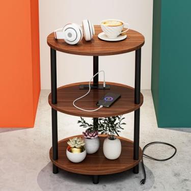 Imagem de RISWER Mesa lateral redonda pequena – mesa oval de 3 andares para espaços pequenos, mesa de cabeceira rústica de madeira e metal para sala de estar ou quarto, com portas USB e tomada embutidas