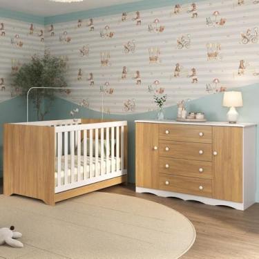 Imagem de Berço Americano 3 em 1 com Cômoda 2 Portas 4 Gavetas Realeza Multimóveis Mp4693 Branco/madeirado