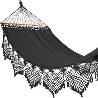 Imagem de Rede de Dormir Casal Grande com Madeira Luxo Reforçada para Descanso(Preto Liso)