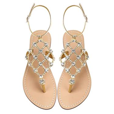 Imagem de UTIKLIOU Sandálias femininas rasteiras com strass e tiras em T, sandálias de dedo para mulheres, praia, verão, Dourado, 8