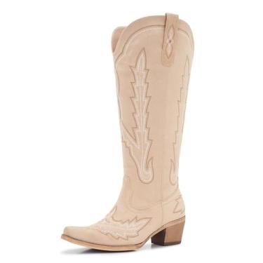 Imagem de Aizhenzm Botas femininas de caubói plus size de panturrilha larga com zíper lateral e design de camurça bordada, botas de vaqueira bege com bico quadrado e salto médio, estilo ocidental clássico, Bege