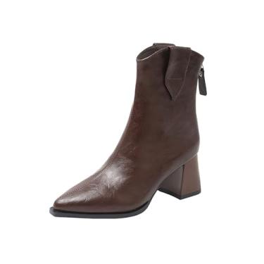 Imagem de Botas femininas de salto grosso, bico fino, design de cor sólida, botas forradas confortáveis, Marrom, 34