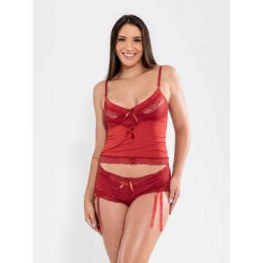 Imagem de Baby doll sexy sensual cropped com calcinha caleçon em renda transpare
