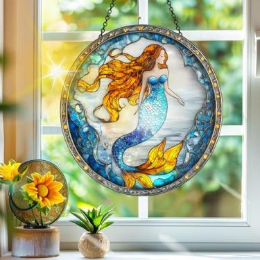 Imagem de Acrílico colorido, apanhador de sol, sereia mulher, decoração de janela pendurada, arte de parede de arco-íris, para varanda, interior e exterior, jardim, enfeites de Natal, decoração 19 x 19 cm CH#51