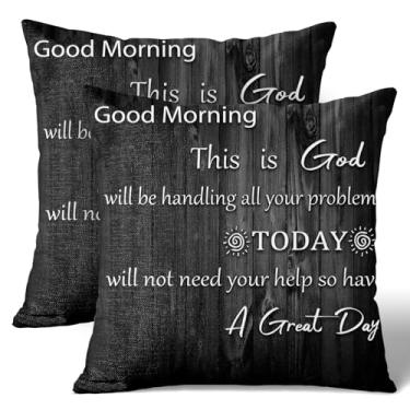 Imagem de Wknoon Conjunto de capas de travesseiro de linho 45 x 45 cm (pacote com 2) - frase inspiradora Good Morning This is God, capa de almofada de sofá premium de madeira preta rústica, decoração para cama