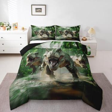 Imagem de Feelyou Conjunto de edredom Queen com estampa de dinossauro, estampa de dinossauro, estampa de dinossauro, para crianças, meninos, meninas, conjunto de edredom respirável, macio, leve, de microfibra