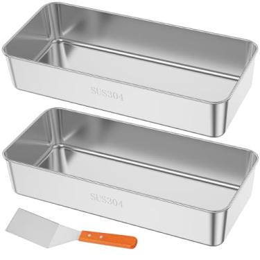 Imagem de KHZSPP Forma retangular de tiramisu, 33 x 14,8 x 6,3 cm, forma grande de pão de aço inoxidável com espátula para pão, bolo, lasanha, saudável e resistente, pode ir ao forno na lava-louças