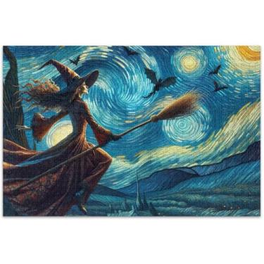 Imagem de Quebra-cabeça de bruxa voando vassoura estrelada 500 peças para adultos decoração de arte pintura grande quebra-cabeça família amantes presentes