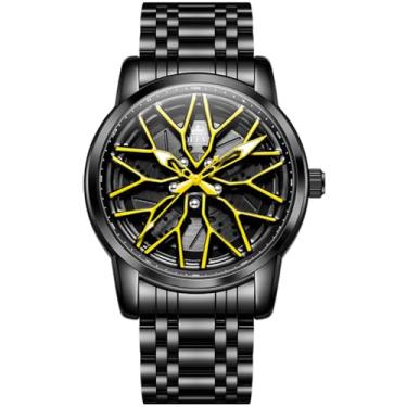 Imagem de OLEVS Relógios masculinos 42 mm, mostrador grande, esqueleto, luminoso, à prova d'água, aço inoxidável, moderno, relógio de carro, 3701: amarelo, Tendência