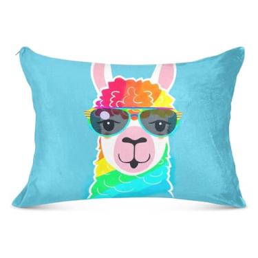 Imagem de Lindas fronhas de flanela azul lhama arco-íris com zíper king queen tamanho padrão fronhas longas para cama premium, tamanho king, 50,8 cm x 101,6 cm