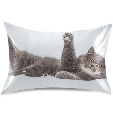 Imagem de Capa de almofada de cetim com arte de gatinho cinza brincalhão, capa de travesseiro padrão King Queen, arte colorida, macia para cama, tamanho Queen, 76 cm x 50 cm