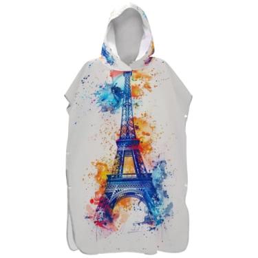 Imagem de Joisal Poncho de surfe absorvente trocador roupão adulto praia moletom toalha floral aquarela torre de Paris Poncho masculino com capuz