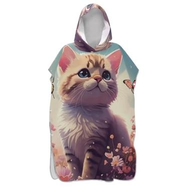 Imagem de Poncho de surfe para trocador adulto toalha de banho com capuz plus size homens mulheres poncho com capuz gato branco fofo gatinho colorido