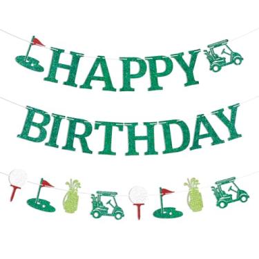 Imagem de Faixa de feliz aniversário de golfe - Decorações de aniversário temáticas de golfe pré-amarradas para crianças e adultos Let's Par-Tee Decorações de festa verde glitter