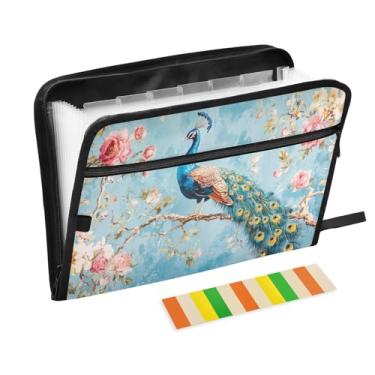 Imagem de Pasta de arquivo expansível azul flor pavão a4 tamanho carta sanfonada pasta com zíper e etiquetas organizador de várias pastas
