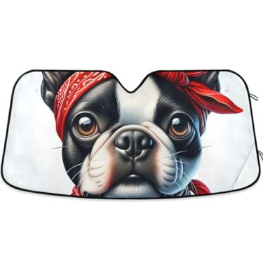 Imagem de Guarda-sol de carro com estampa de cachorro fofo buldogue personalizado para para-brisa capa de para-brisa automotiva dobrável protetor solar floral M, 139,7 cm x 70 cm