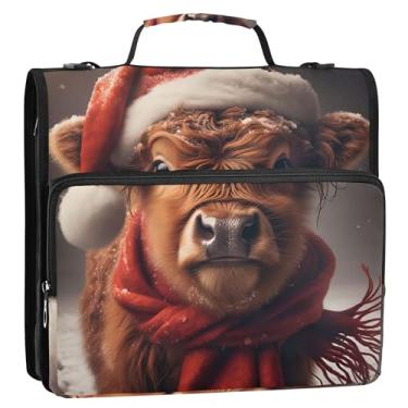 Imagem de Fichário básico de 3 anéis, anel D de 3,8 cm de Natal, vaca Highland, fofo, organizador com zíper, portfólio, comporta 500 folhas, bolsa escolar com alça de ombro