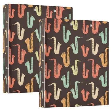 Imagem de Fichários Saxophones retrô de 3,8 cm, 3 anéis, 200 folhas, pastas modernas para cadernos, fichário de receita de anel redondo, 31,5 x 27 x 6 cm, pacote com 2
