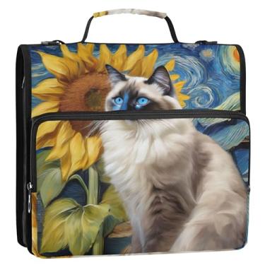 Imagem de Fichário fofo de gato Ragdoll com girassol estrelado de 3,8 cm, 3 anéis, fichário resistente com zíper, bolsa organizadora com alça para armazenamento escolar, pasta de portfólio com alça