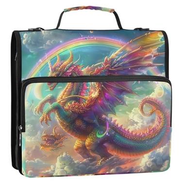 Imagem de Fichário de 3 anéis de dragão arco-íris 3,8 cm D fichário organizador com zíper bolsa escolar com alça de ombro carteira de armazenamento de desenhos animados com alça