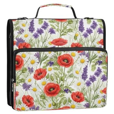 Imagem de Bolsa de fichário com 3 anéis de flores vermelhas em aquarela com alça, organizador de fichário com zíper para escola e escritório, suporte de pasta de portfólio para 500 folhas