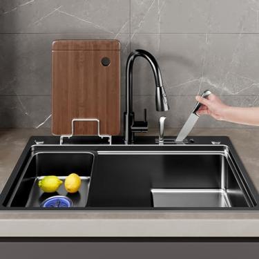 Imagem de Pia de cozinha preta, pia de estação de trabalho, pia moderna, pia de cozinha de aço inoxidável 304 de tigela única, pia embutida de fazenda, com torneira removível (72 * 45 * 23 cm)