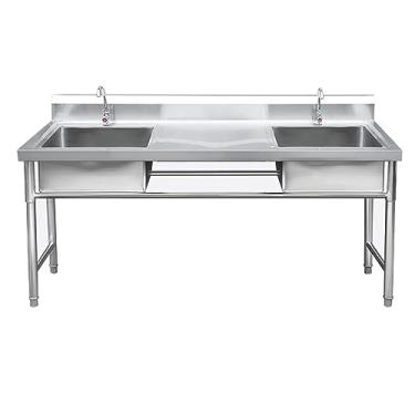 Imagem de Pia de cozinha de restaurante comercial de aço inoxidável com tigela dupla, pia utilitária com bancada de trabalho, pia comercial de 2 compartimentos com torneira e dreno (175 cm)