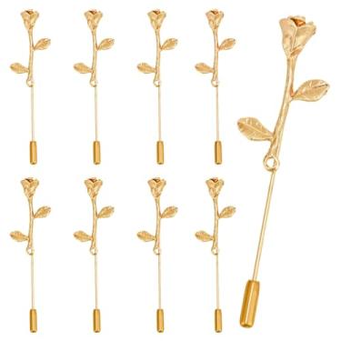 Imagem de 8 Peças Alfinetes Lapela Florais Dourados, Elegantes Broche Flor Rosa para Mulheres Acessórios Terno Homem Jaqueta Blazer Corsage Casamento Roupas Formais