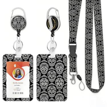 Imagem de Colhedores mexicanos de caveira de açúcar para crachás de identificação Dia dos Mortos porta-crachá retrátil cordão removível chaveiro protetor de identificação vertical para enfermeira, professor,