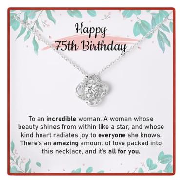 Imagem de Joias de feliz aniversário de 75 anos para mulheres, colar com pingente de nó de amor, colar feliz de setenta e cinco anos com cartão de mensagem significativo e caixa de presente para avó/mãe/irmã