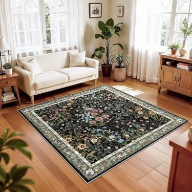 Imagem de Tapete de sala de estar 12 x 12 cm Lavável: Tapetes florais antiderrapantes para piso interno, entrada, sala de jantar, quarto - Tapete macio e fino para decoração de casa neutra vintage (quadrado de