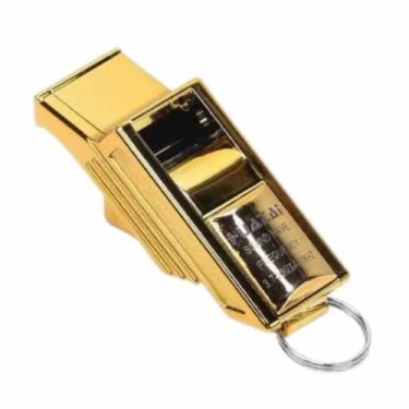 Imagem de Apito de árbitro esportivo de alta frequência com acabamento dourado para projeção de som nítido em jogos e sessões de treinamento