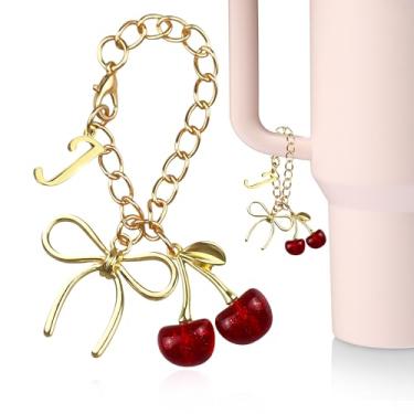 Imagem de JINGSEN Berloques de letras douradas com laço e cereja para acessórios Stanley Cup, para copos Stanley Handle 1,134 g, copo de garrafa de água, chaveiro inicial para mulheres (Red Cherries J)
