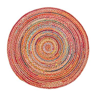 Imagem de Hausattire Tapete trançado boêmio de 9,5 cm redondo - multicolorido, pequeno tapete de pano de algodão de juta de fazenda para quarto de crianças, sala de jogos | Tapete colorido com detalhe fofo