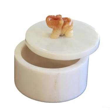 Imagem de Homestia Adega de sal de mármore com tampa Recipiente de sal branco de 10 cm com puxador de elefante de cristal de topázio, suporte de sal de pedra para balcão, pote de especiarias e pote de sal