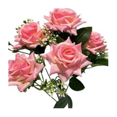 Imagem de Rosa Artificial Decorativa com 5 Flores na Ponta, Galho Realista para Arranjos e Decoração de Ambientes(Kit com 3 Unidades,Rosa Claro)