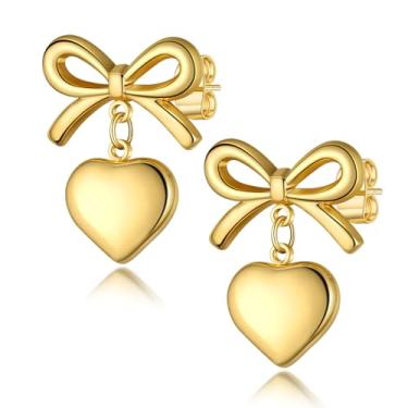 Imagem de Brincos femininos pendentes de coração de aço inoxidável, brincos longos com pingente de laço, banhado a ouro, caixa de presente incluída, ONESIZE, Aço inoxidável, Sem pedra preciosa