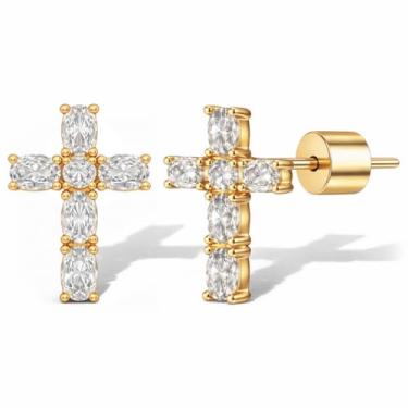 Imagem de SWEET PEEPS Brincos femininos banhados a ouro 18 K, cruz cúbica delicada, joia minimalista para uso diário, Small, Ouro amarelo, Zircônia cúbica